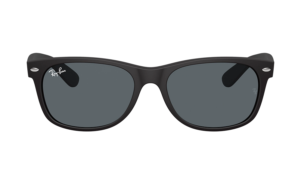 Black Ray-Ban Wayfarer sunglasses with dark gray lenses and silver rivets, shown front-on against a plain black background; sleek, classic style.
