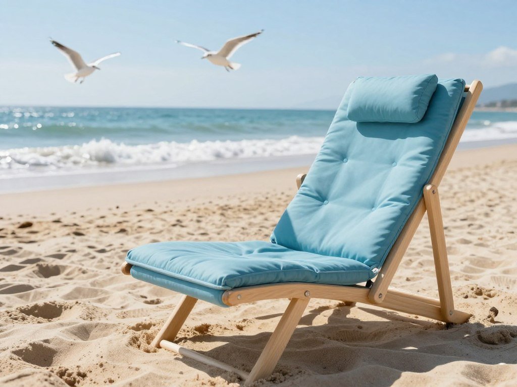 Reclining beach camp chair with padded seat ready for a nap