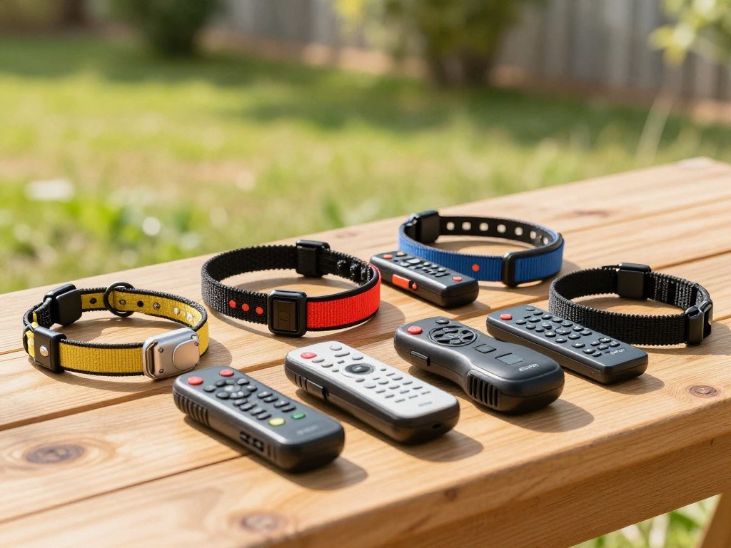 Remote dog training collars and transmitters shown together