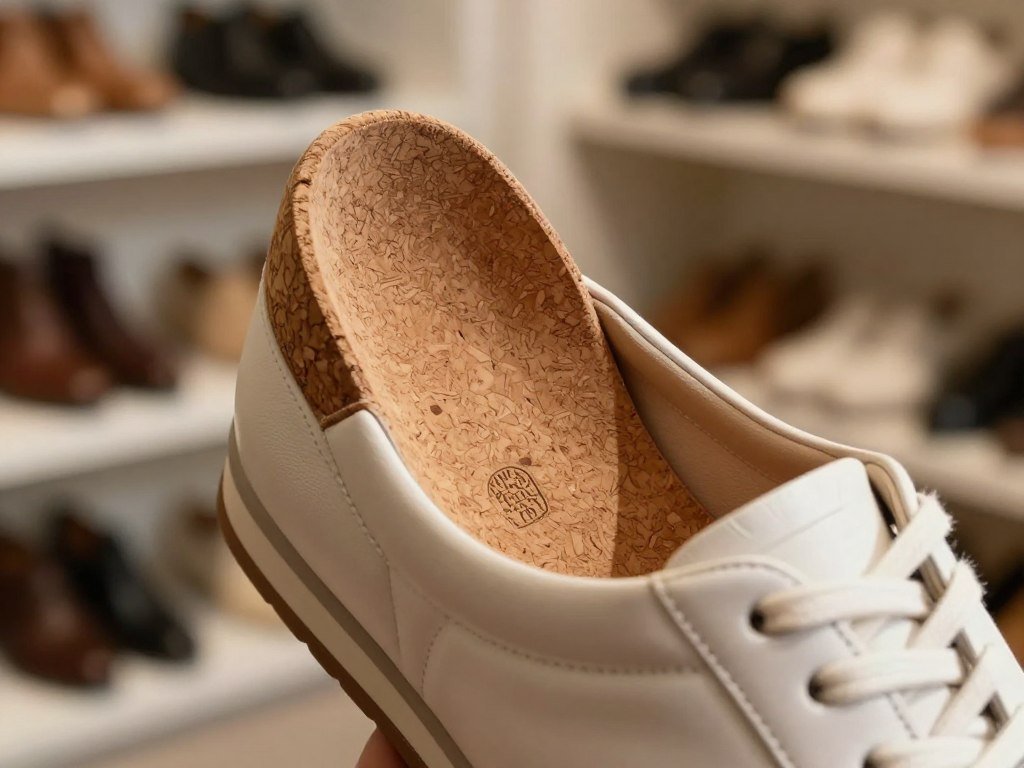 Removable cork footbed shaped beneath a leather sneaker Removable cork footbed shaped beneath a leather sneaker