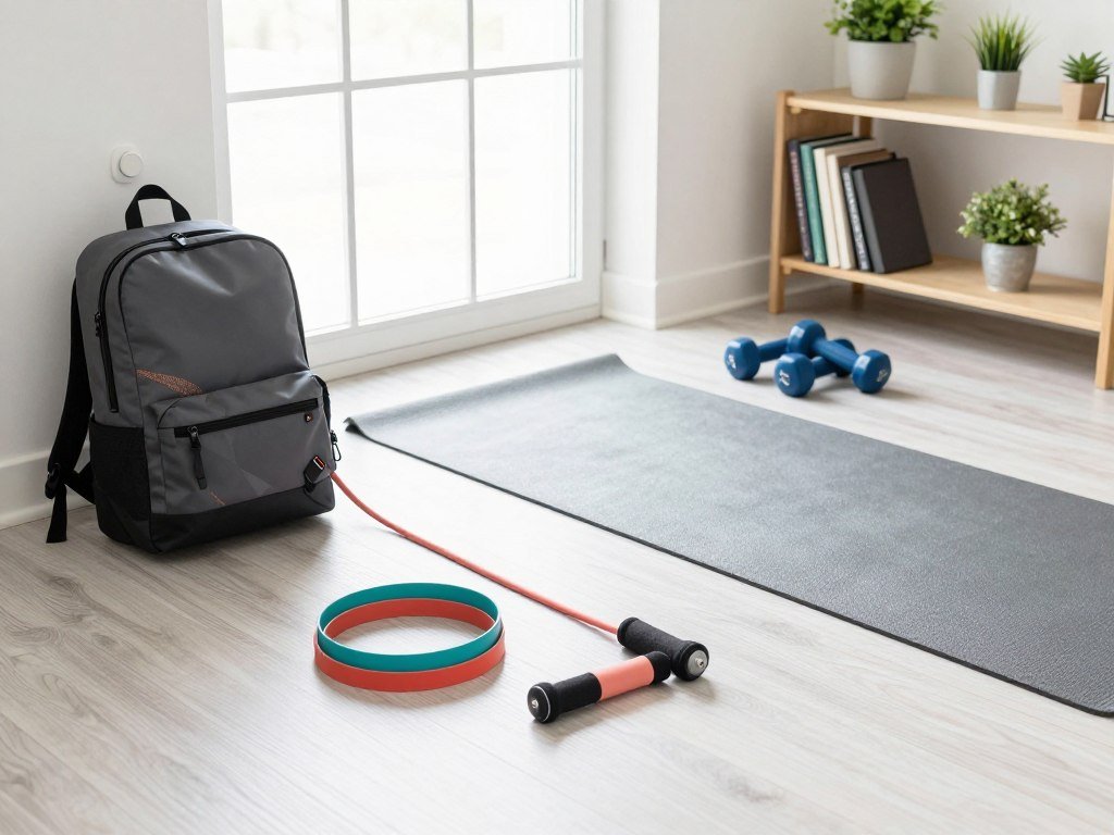 Resistance bands and a backpack set beside a home workout area Resistance bands and a backpack set beside a home workout area