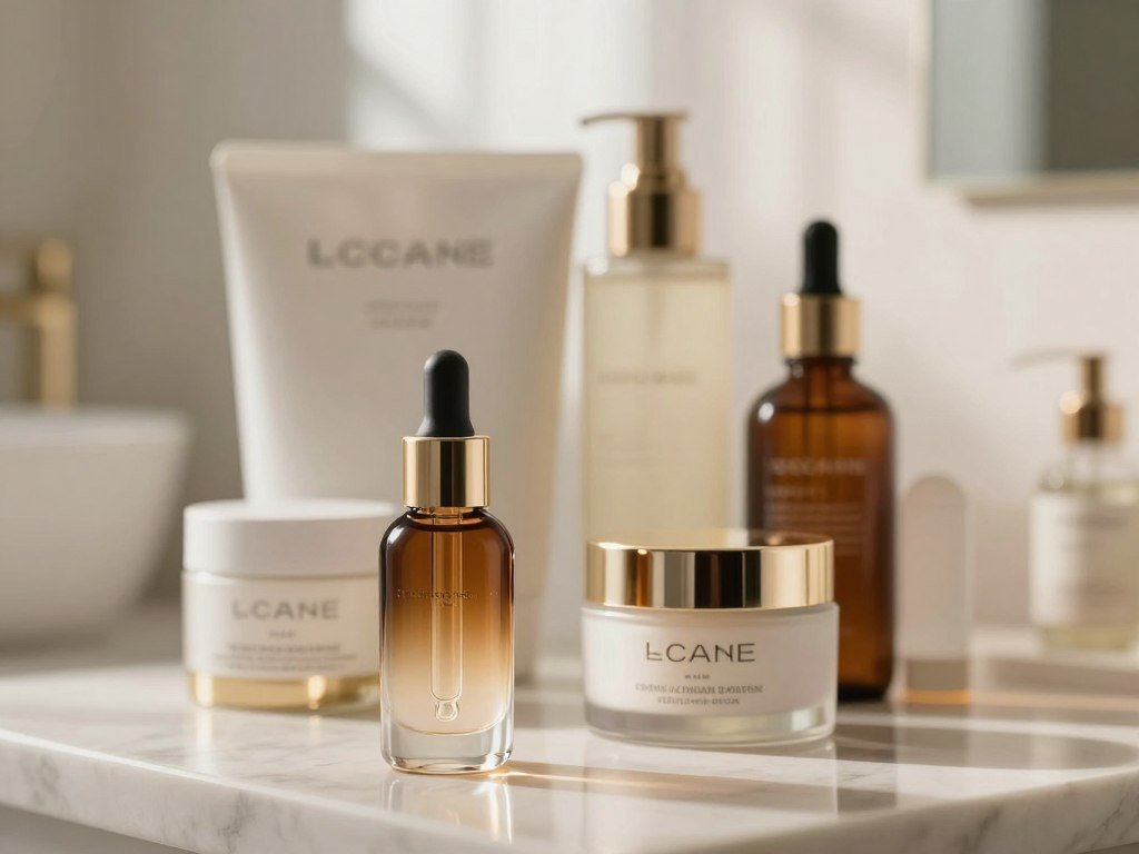 Retinal serum beside mature skin care products and a moisturizer