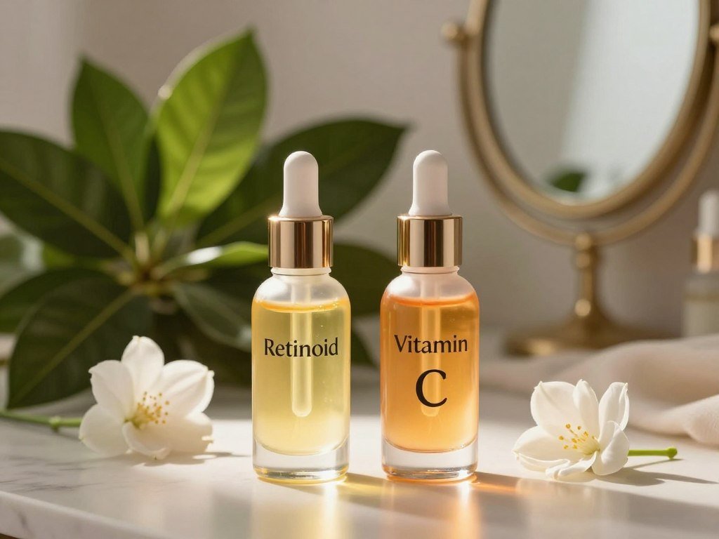 Retinoid and vitamin C serums for skin texture and tone