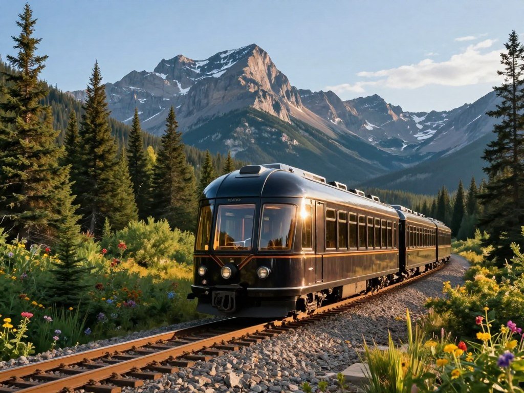 Rocky Mountaineer dome coach passing Canadian Rockies peaks Rocky Mountaineer dome coach passing Canadian Rockies peaks