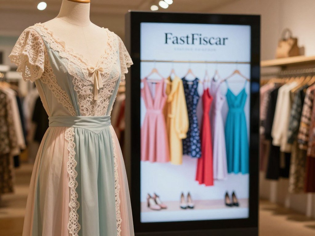 Romantic vintage-influenced dress beside a fast-fashion shopping screen Romantic vintage-influenced dress beside a fast-fashion shopping screen