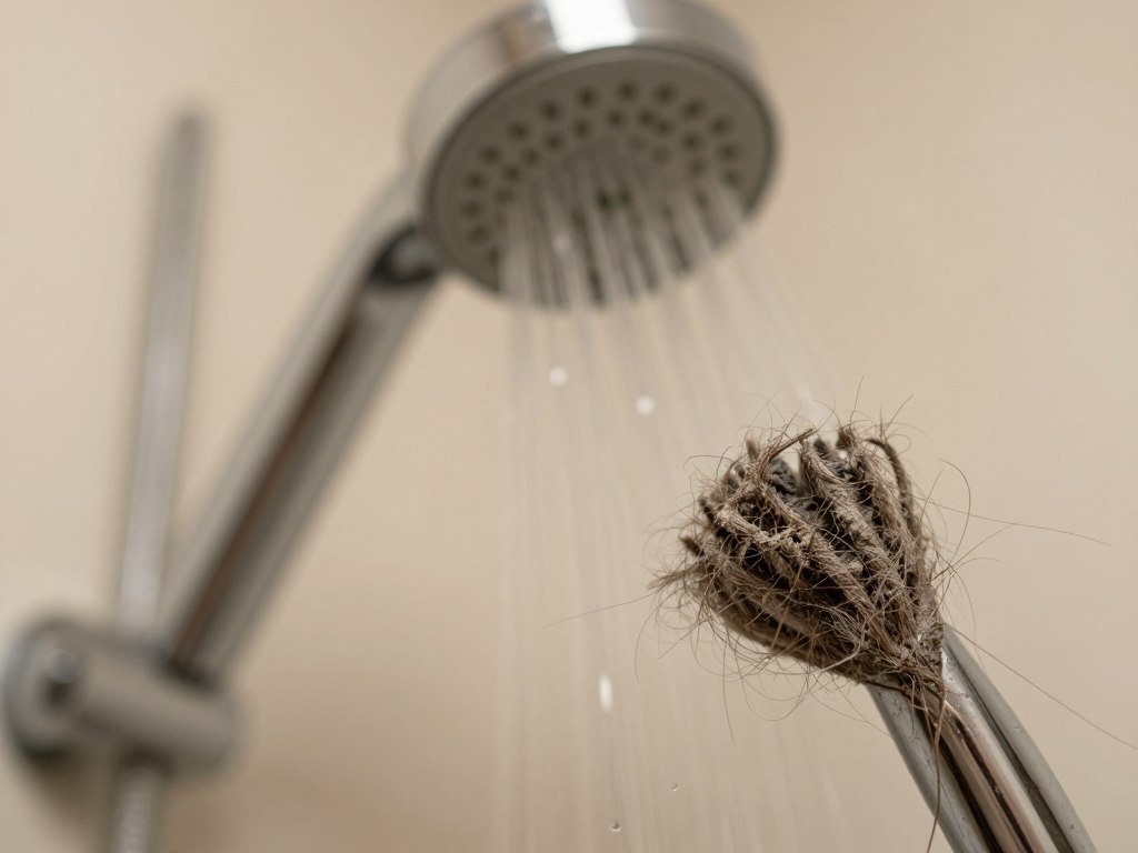Rough hair strand near a shower affected by hard water buildup Rough hair strand near a shower affected by hard water buildup