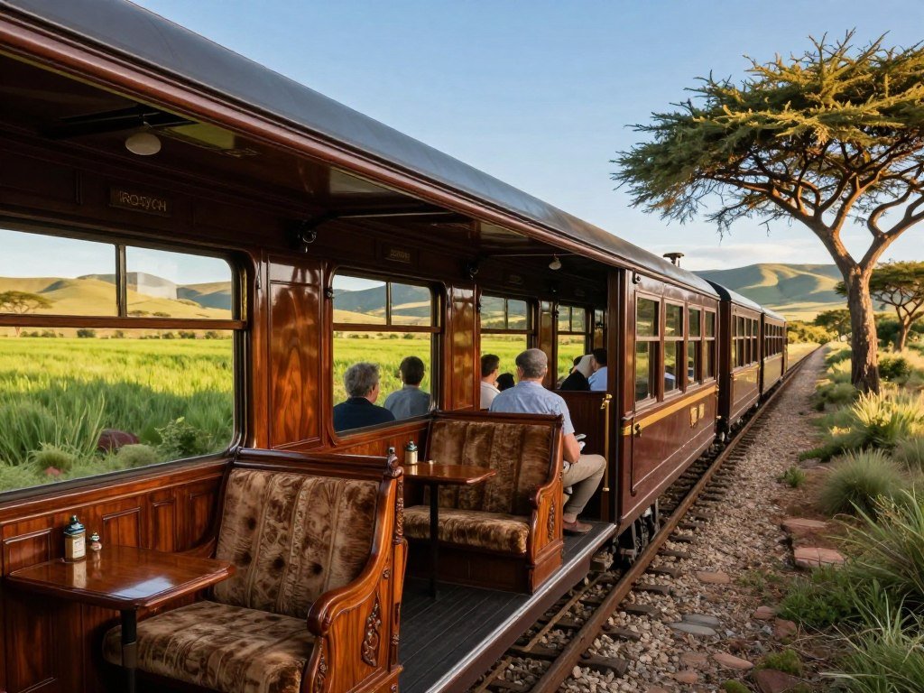 Rovos Rail vintage carriage overlooking South African scenery Rovos Rail vintage carriage overlooking South African scenery