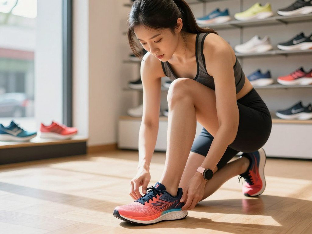 Runner checking toe room and heel hold in running shoes Runner checking toe room and heel hold in running shoes
