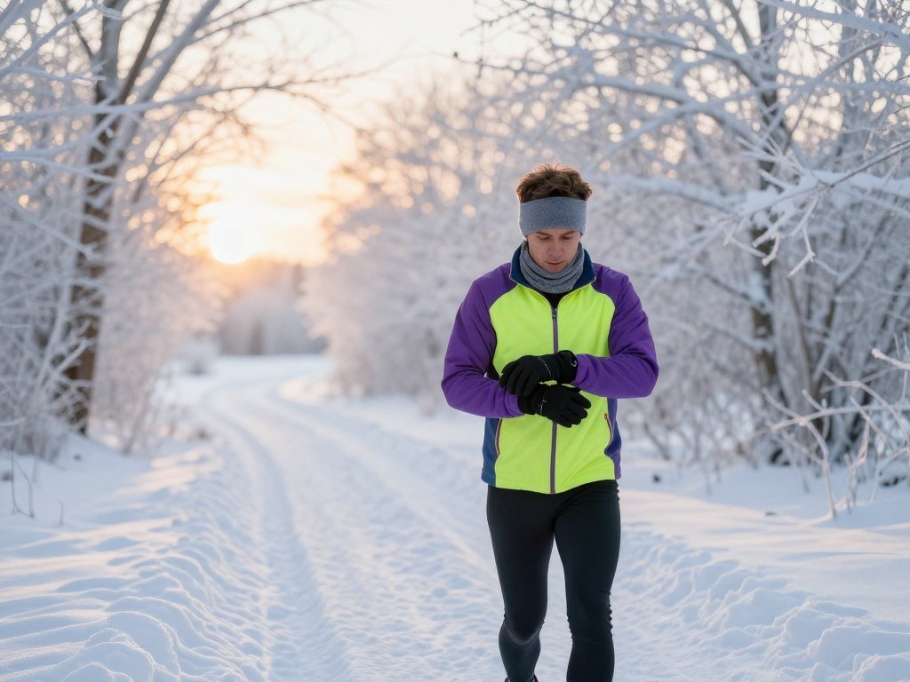Runner checks winter running gear before a snowy route