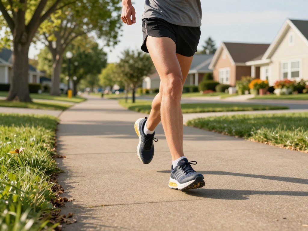 Runner testing soft cushioning outdoors on a neighborhood path Runner testing soft cushioning outdoors on a neighborhood path
