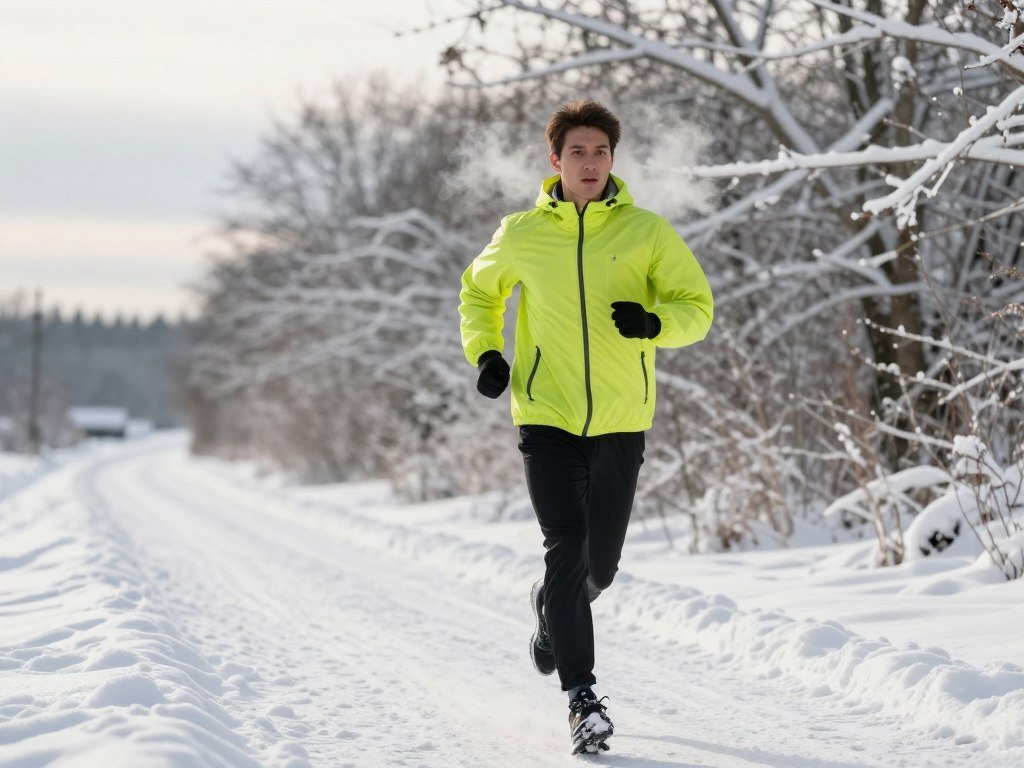 Runner wears a windbreaker on a cold winter path