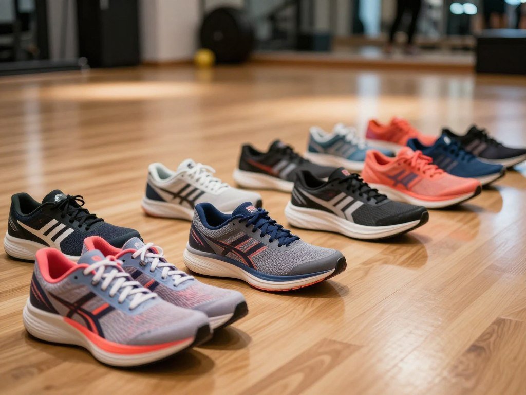 Running shoes lined up for varied training needs Running shoes lined up for varied training needs