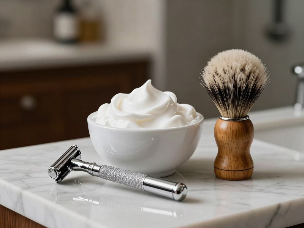 Safety razor and shaving cream beside a shaving brush