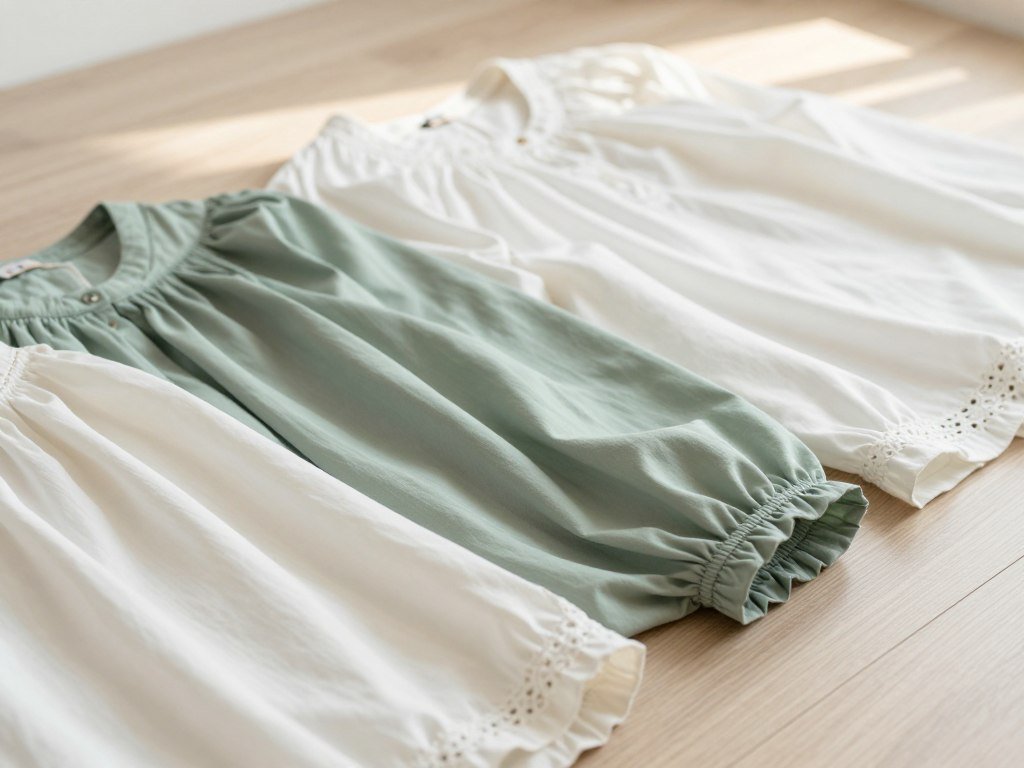 Sage and soft white clothing pieces beside a favorite blouse Sage and soft white clothing pieces beside a favorite blouse