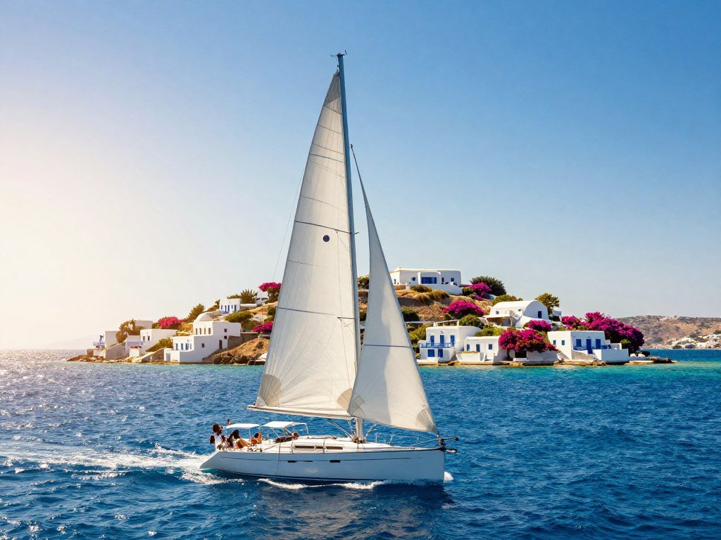Sailboat crossing the Cyclades in changing summer winds Sailboat crossing the Cyclades in changing summer winds