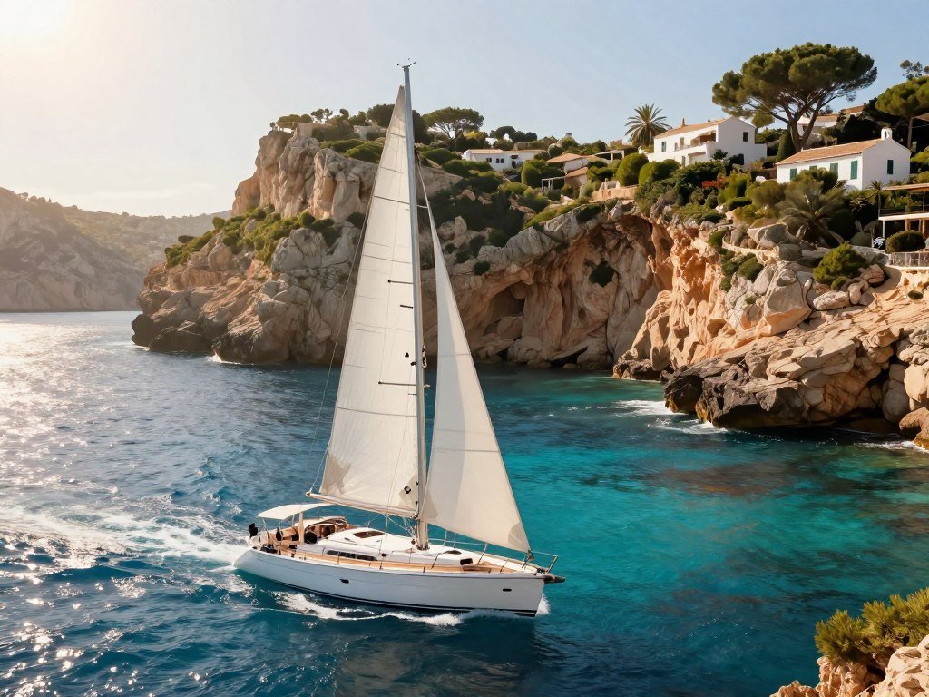 Sailing yacht near Cala Deià on Mallorca itinerary Sailing yacht near Cala Deià on Mallorca itinerary