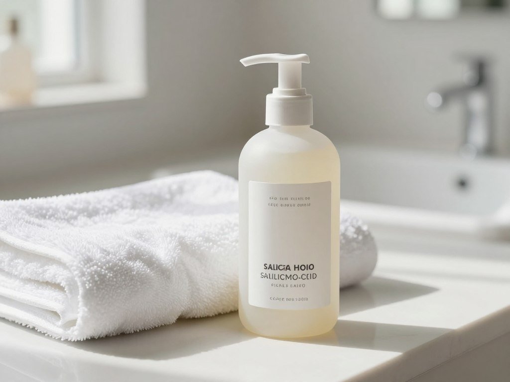 Salicylic acid body wash beside a towel for acne care Salicylic acid body wash beside a towel for acne care