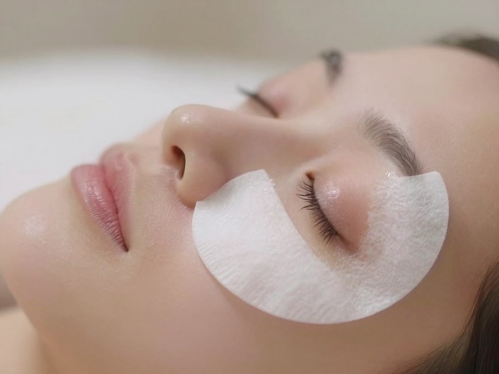 Saturated cotton pad resting on closed eyes to loosen eye makeup Saturated cotton pad resting on closed eyes to loosen eye makeup
