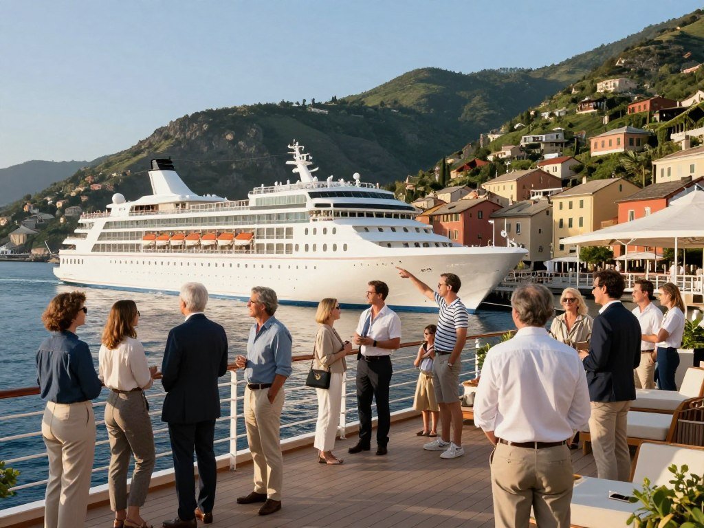 Scenic Eclipse guests gather on deck beside a small port