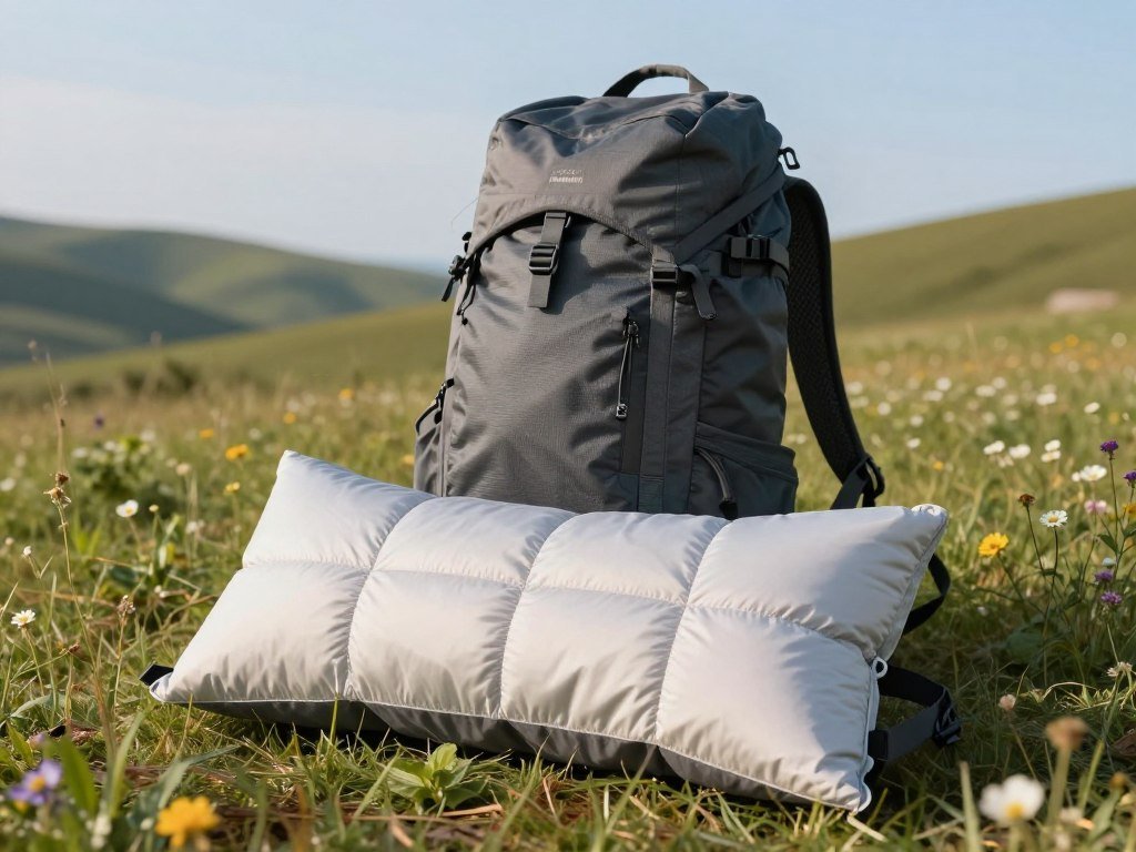 Sea to Summit Aeros Down pillow beside a compact backpack