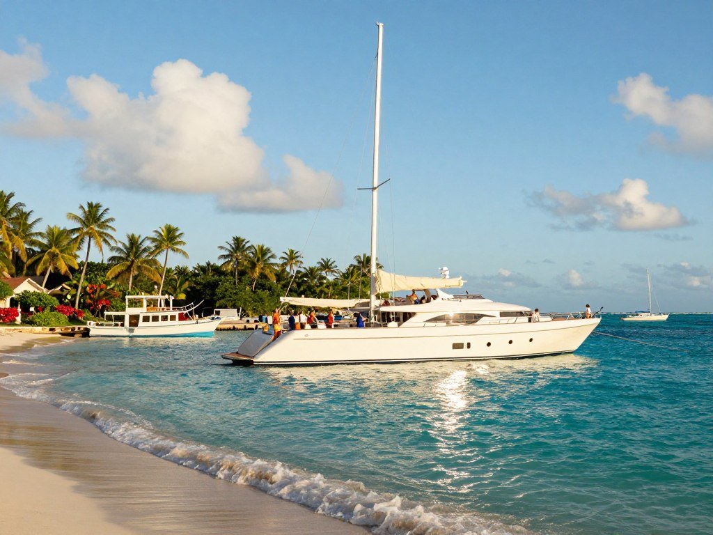 SeaDream yacht approaches a quiet Caribbean island harbor