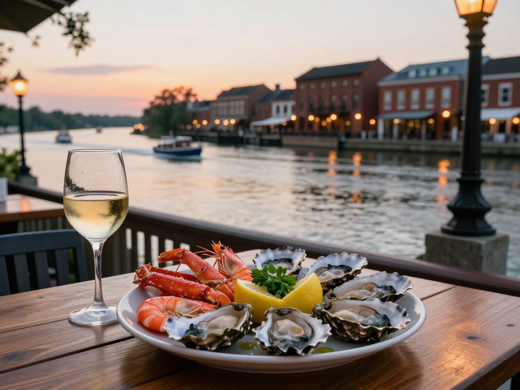 Seafood meal overlooking the Savannah River near River Street Seafood meal overlooking the Savannah River near River Street