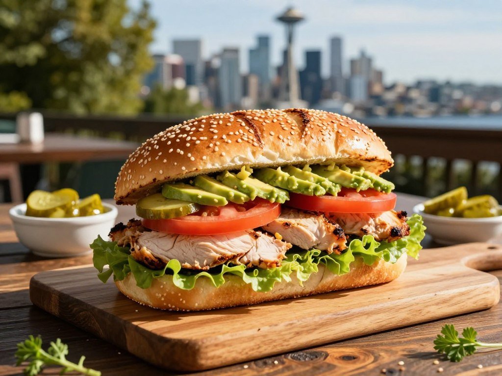 Seattle lunch sandwich on a sesame-studded roll Seattle lunch sandwich on a sesame-studded roll