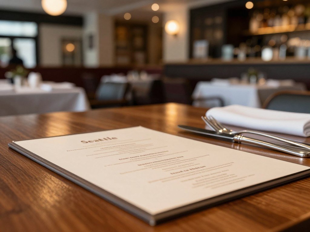 Seattle restaurant menu beside a dining table and bill Seattle restaurant menu beside a dining table and bill