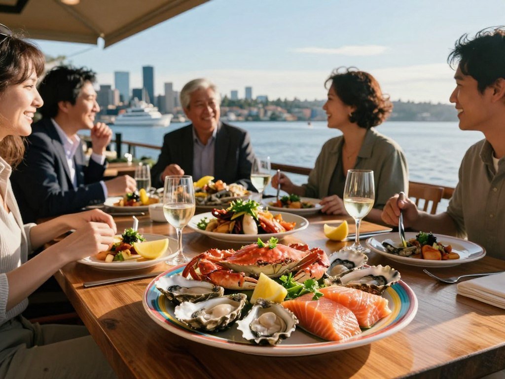 Seattle seafood dishes near a working waterfront and bay Seattle seafood dishes near a working waterfront and bay