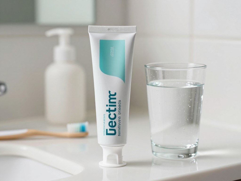 Sensitive teeth toothpaste beside a glass of cold water
