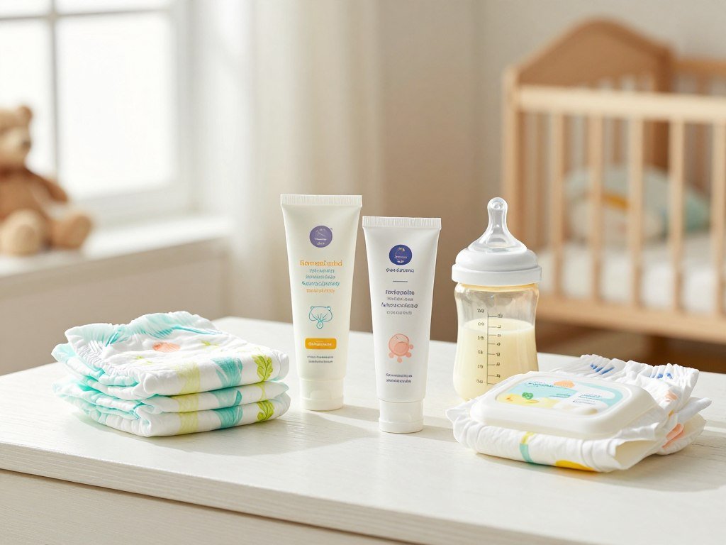 Several diaper cream formulas arranged beside baby supplies