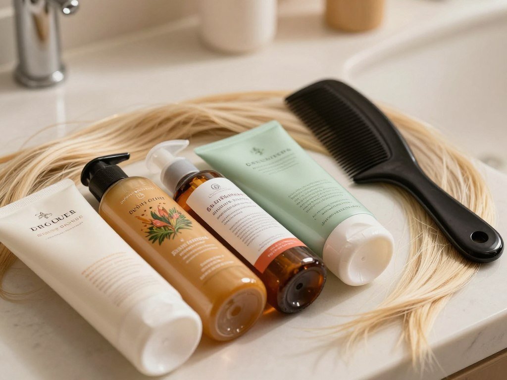 Shampoo ingredient labels compared beside a comb and hair strands