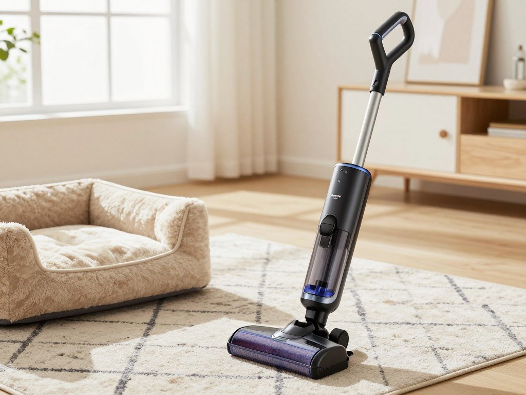 Shark cordless stick vacuum near a pet bed and rug