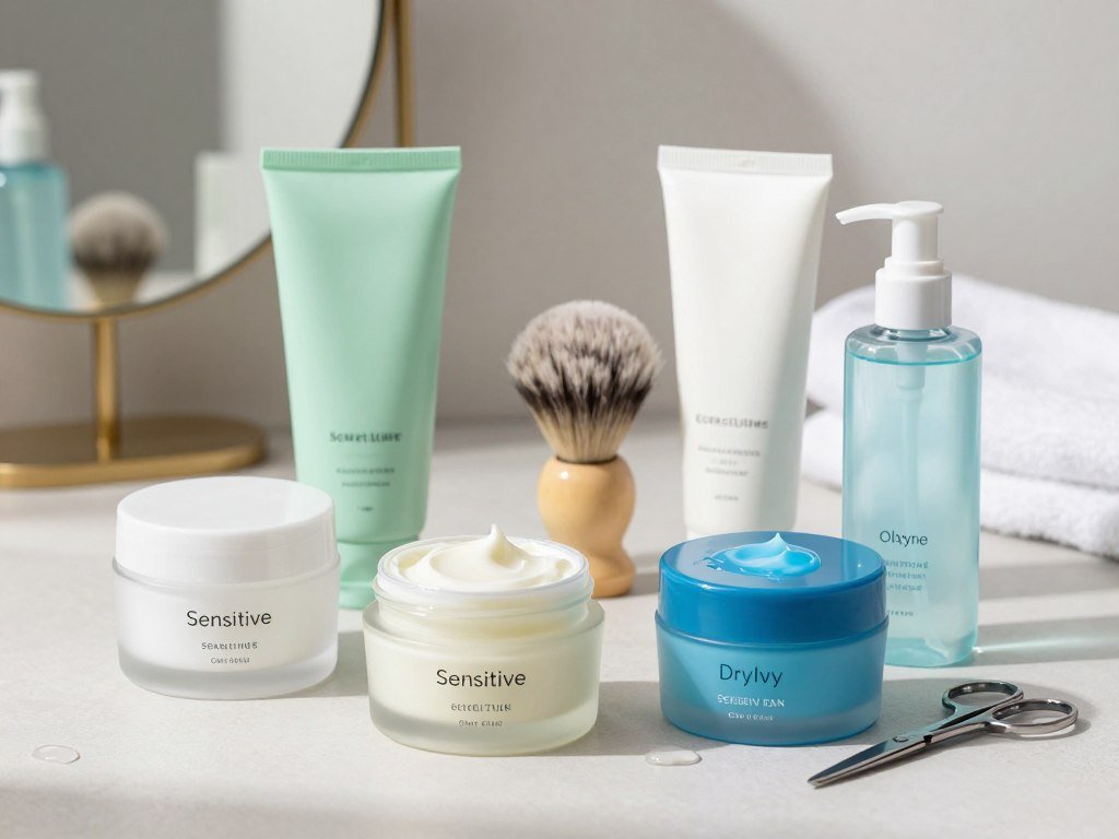 Shaving cream and clear gel arranged for different skin needs