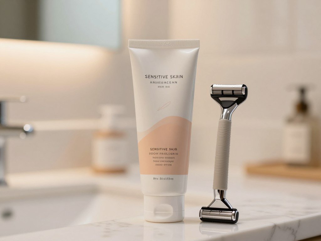 Shaving cream label beside a razor for sensitive skin