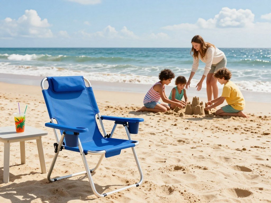 Shibumi beach chair with drink holder beside a family beach spot