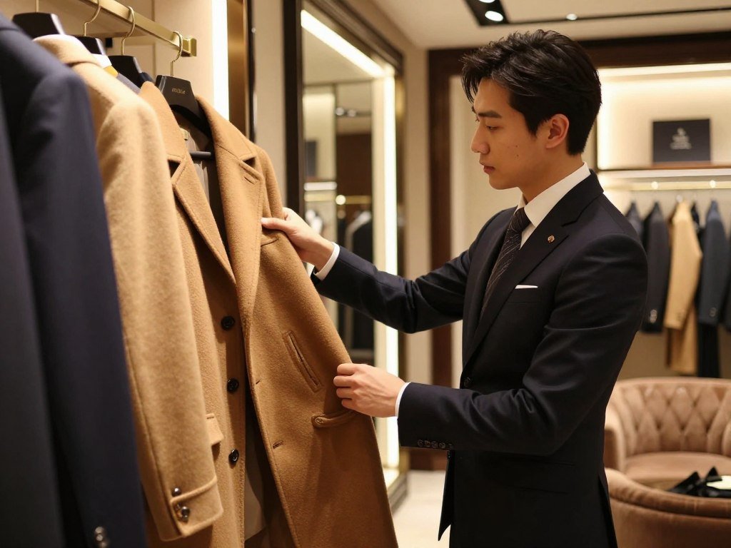 Shopper checking a luxury coat seam and fabric in a fitting room