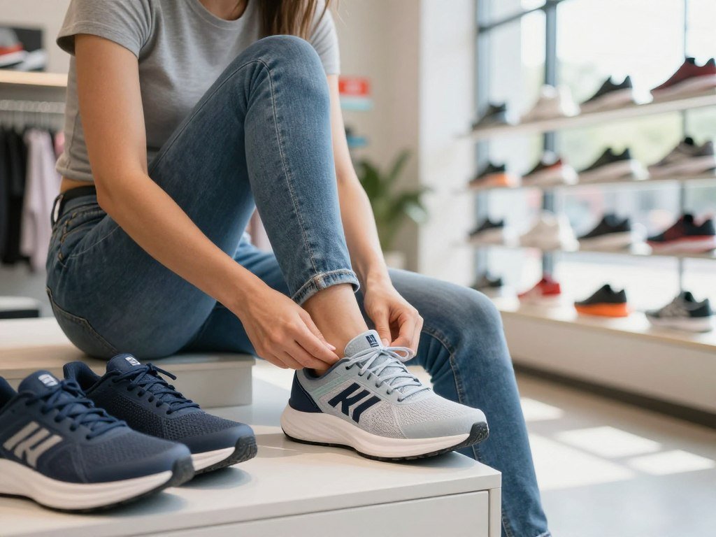 Shopper checking toe room and heel fit in an athletic sneaker Shopper checking toe room and heel fit in an athletic sneaker
