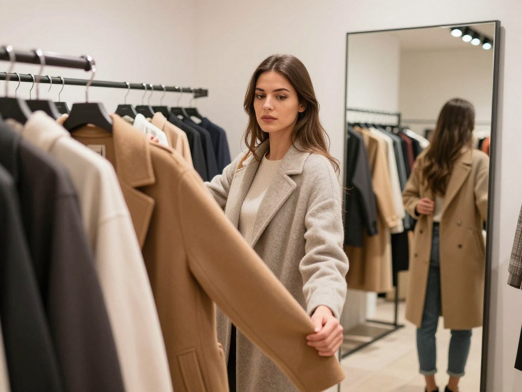 Shopper checks a versatile coat before buying it Shopper checks a versatile coat before buying it