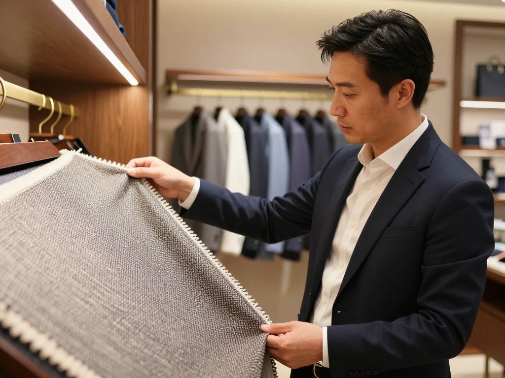 Shopper holding a woven fabric up to the light to check its density