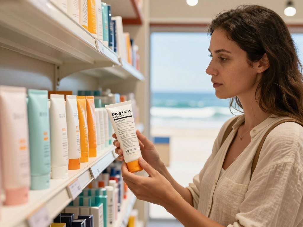 Shopper reads a sunscreen Drug Facts label Shopper reads a sunscreen Drug Facts label