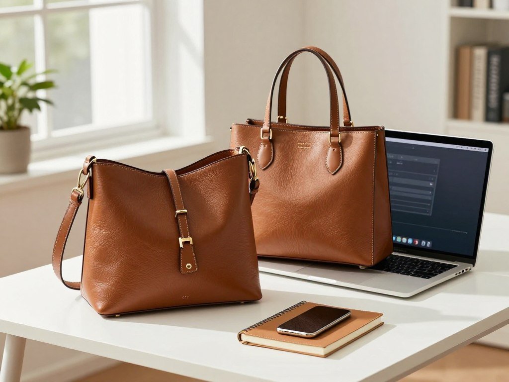 Shoulder bag and tote beside a weekday laptop and essentials Shoulder bag and tote beside a weekday laptop and essentials