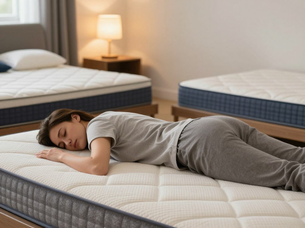 Side sleeper checking spinal alignment at different firmness levels
