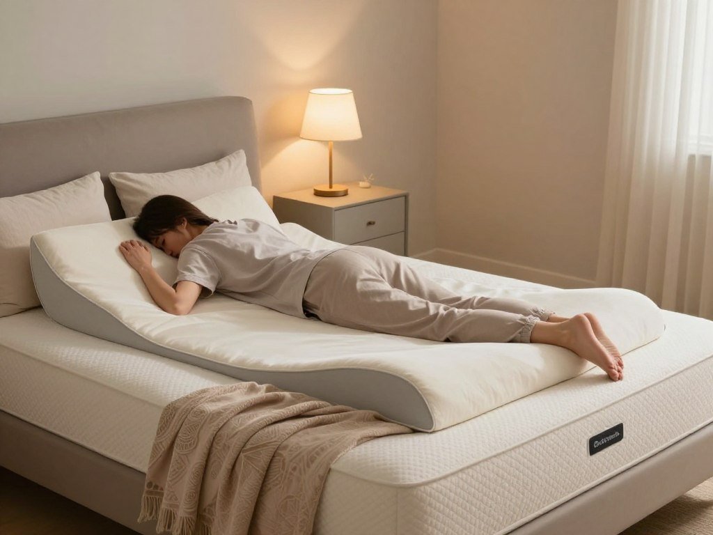 Side sleeper resting with cushioning beneath hips and shoulders Side sleeper resting with cushioning beneath hips and shoulders
