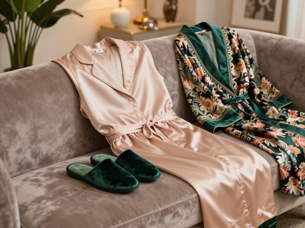 Silk lounge set and velvet slippers beside a patterned robe