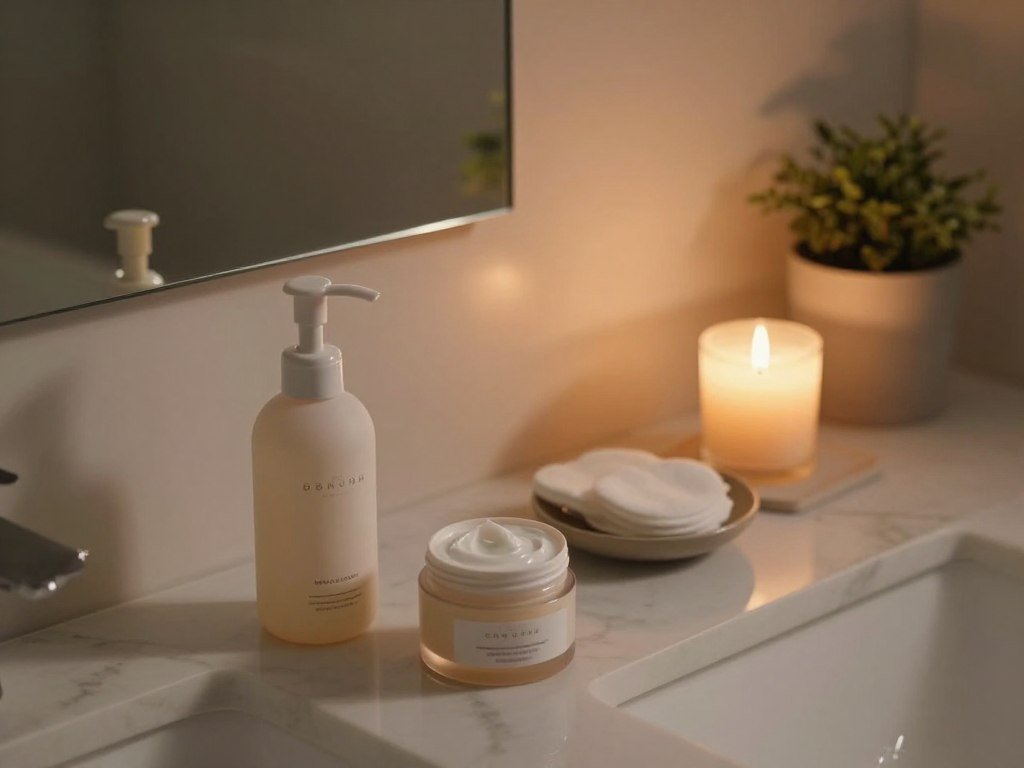 Simple nighttime skin care routine with cleanser and moisturizer Simple nighttime skin care routine with cleanser and moisturizer