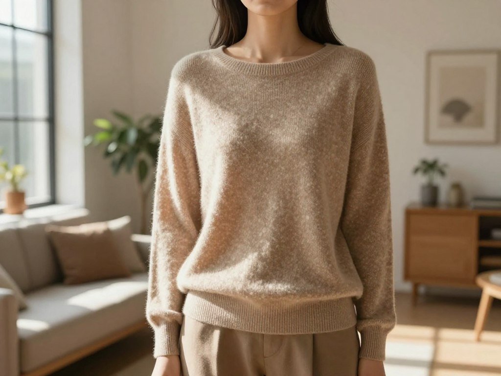 Size 14 wearer standing in a relaxed cashmere sweater