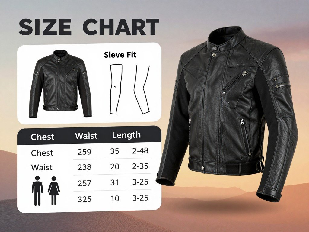 Size chart and sleeve fit details for the Leeron moto jacket