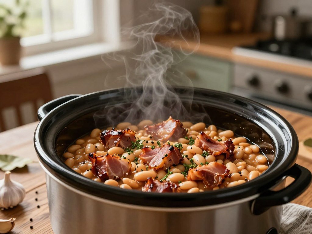 Slow cooker filled with smoked ham and white beans