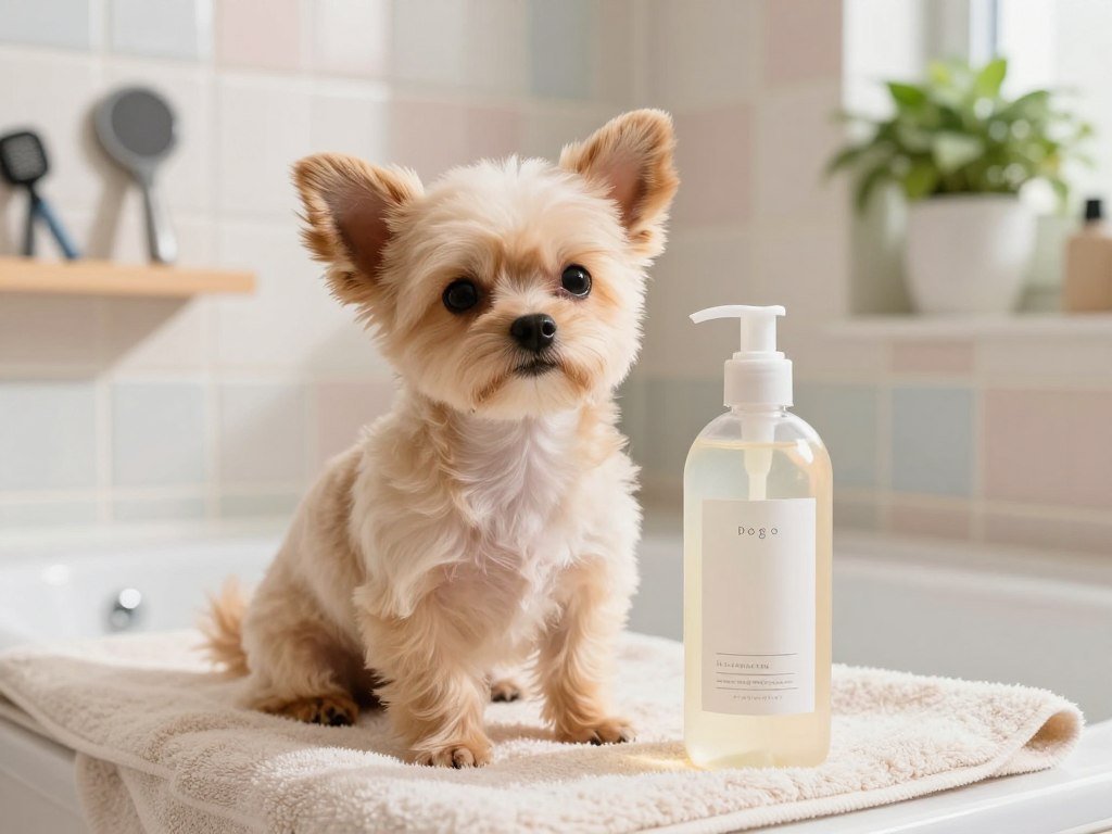 Small dog with a brushed coat beside gentle shampoo